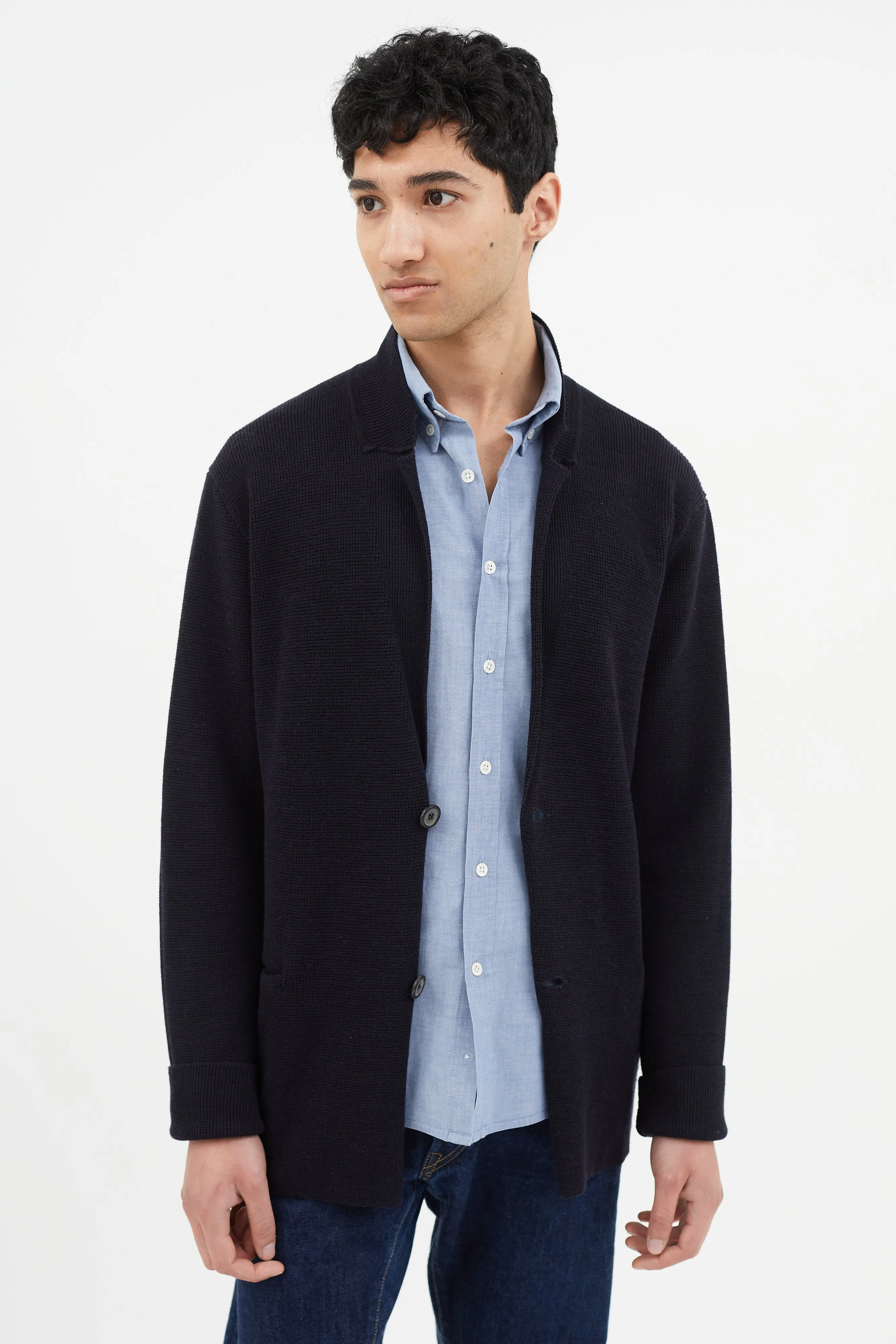 Navy Wool Knit Cardigan