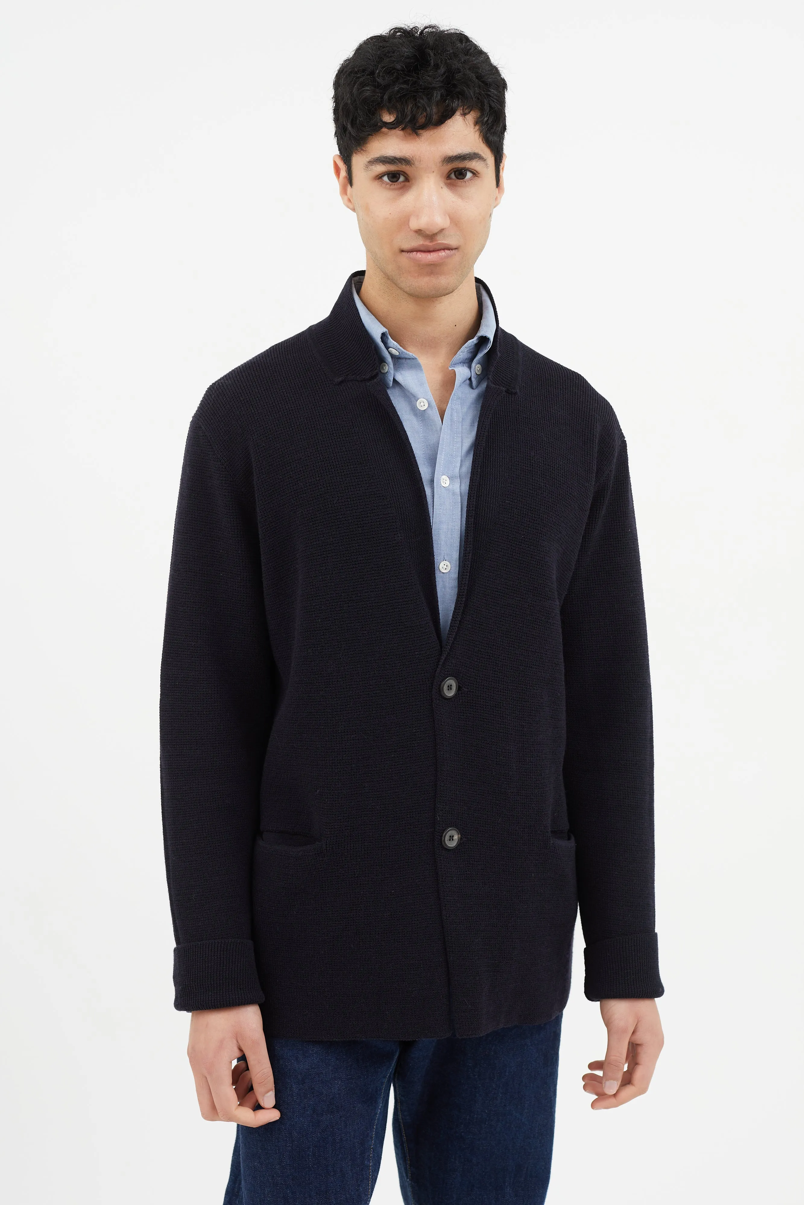 Navy Wool Knit Cardigan