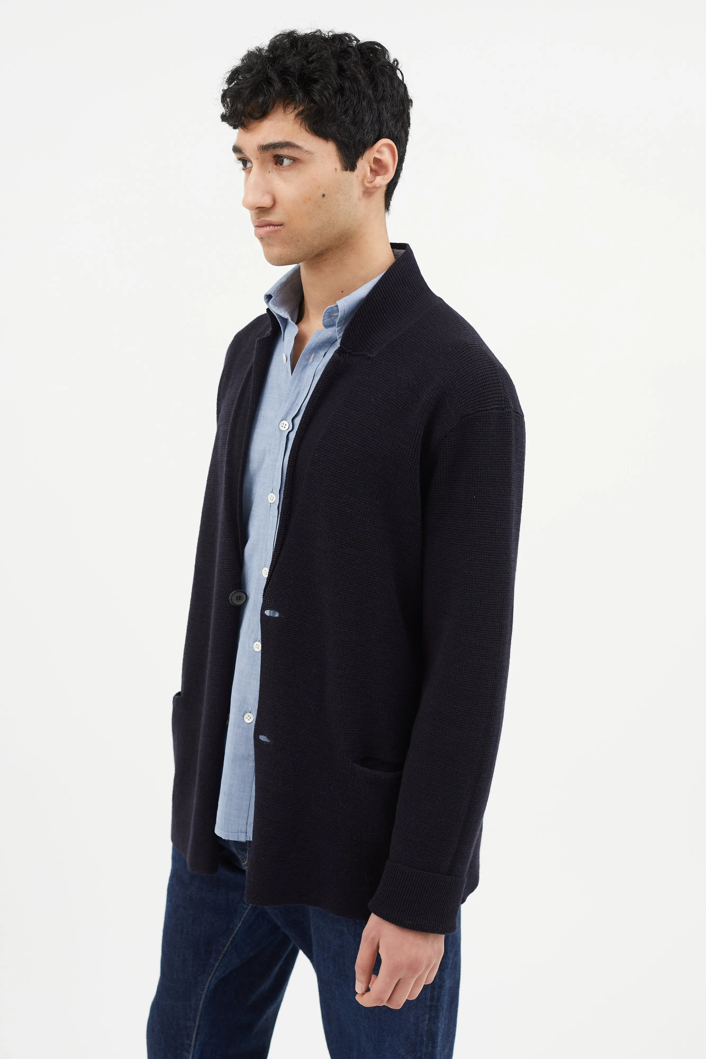 Navy Wool Knit Cardigan