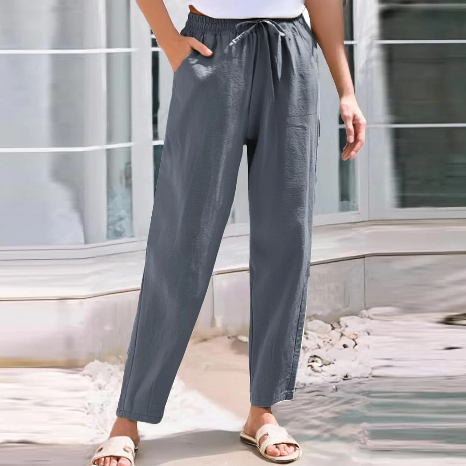 NBXNZWF Women's Cotton Linen Straight Leg Pants Elastic Drawstring Casual Trousers Summer Beach Lounge Pants with Pockets