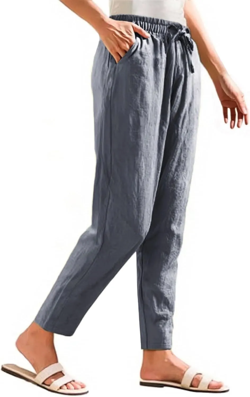 NBXNZWF Women's Cotton Linen Straight Leg Pants Elastic Drawstring Casual Trousers Summer Beach Lounge Pants with Pockets