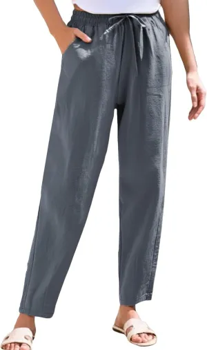 NBXNZWF Women's Cotton Linen Straight Leg Pants Elastic Drawstring Casual Trousers Summer Beach Lounge Pants with Pockets