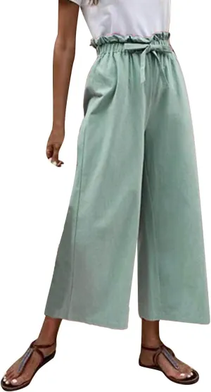 niuwa Womens Summer Cotton Linen Casual Long Pant High Waist Loose Fit Casual Trousers Comfy Pants (Mint Green, L)