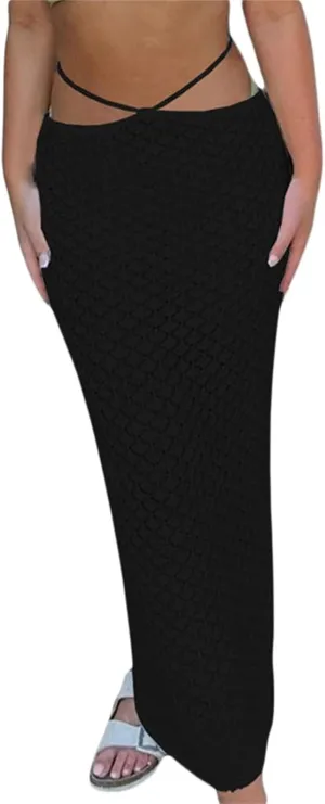 NUFIWI Sexy Crochet Knit Long Skirts Dropped Waist See Through Wrap Midi Skirt Hollow Out Maxi Skirt Beach Cover Up Dress