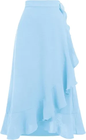 ODIZLI Women's Wrap Skirt High Waist Irregular High-Low Hemline Tie Waist Ruffle A-line Midi Skirt