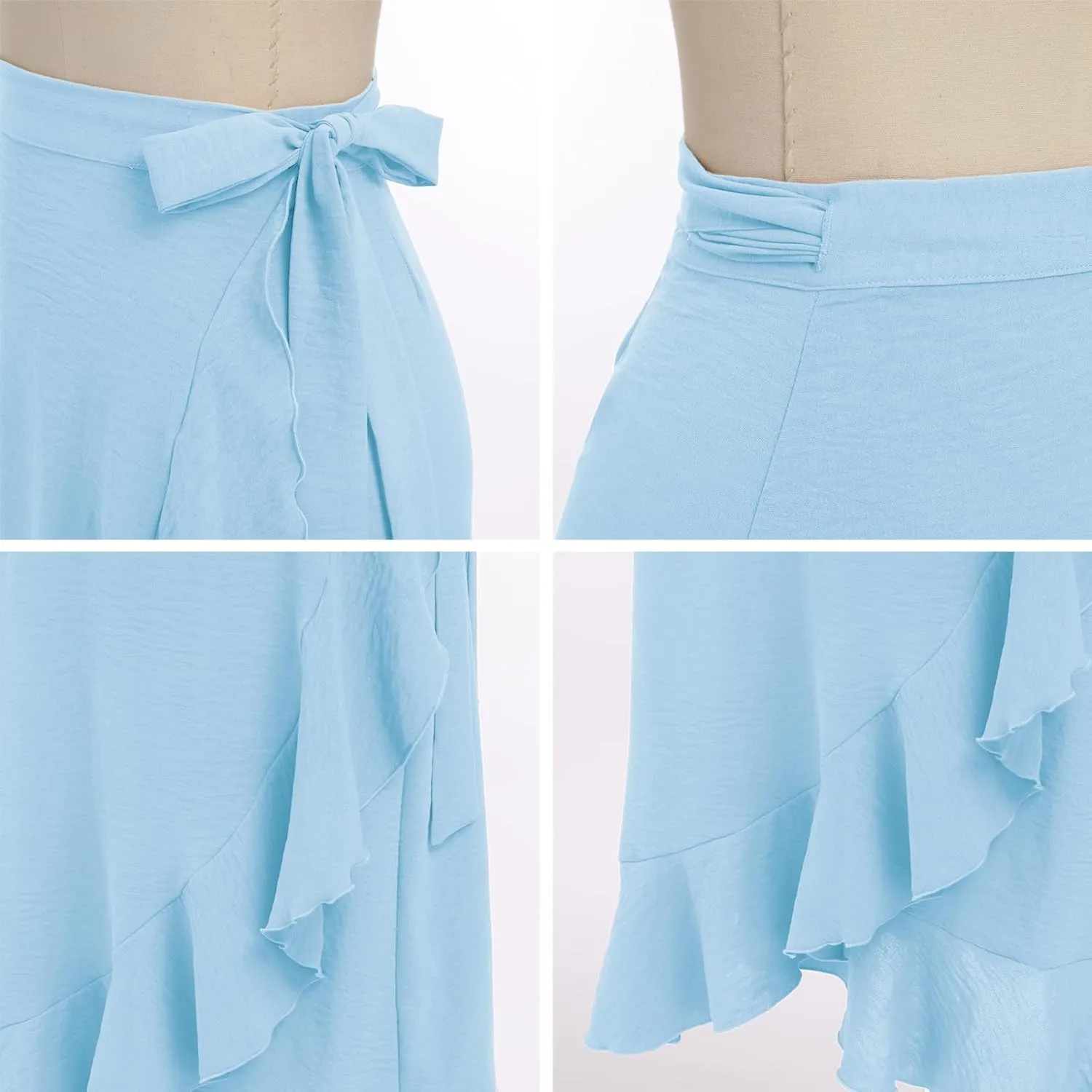 ODIZLI Women's Wrap Skirt High Waist Irregular High-Low Hemline Tie Waist Ruffle A-line Midi Skirt