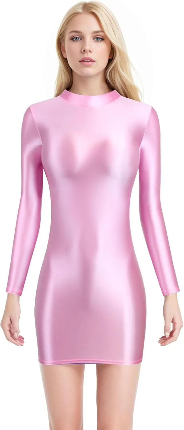 Oil Glossy Hip Dress Elastic Slip Glossy Tight Skirt high Neck Long Sleeve Long Skirt Smooth Casual Sports Skirt