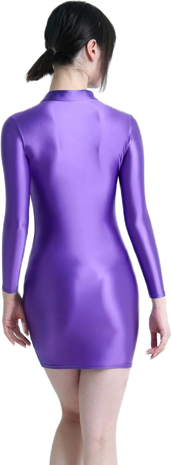 Oil Glossy Hip Dress Elastic Slip Glossy Tight Skirt high Neck Long Sleeve Long Skirt Smooth Casual Sports Skirt