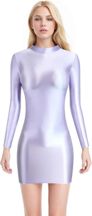 Oil Glossy Hip Dress Elastic Slip Glossy Tight Skirt high Neck Long Sleeve Long Skirt Smooth Casual Sports Skirt