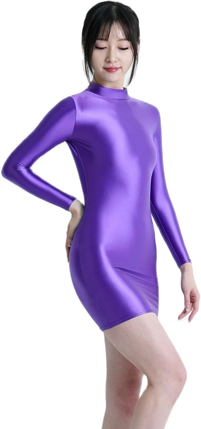 Oil Glossy Hip Dress Elastic Slip Glossy Tight Skirt high Neck Long Sleeve Long Skirt Smooth Casual Sports Skirt