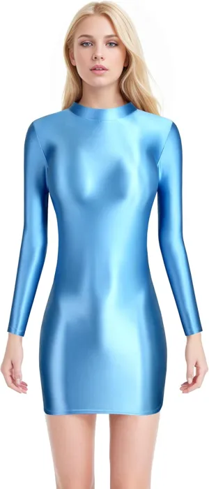Oil Glossy Hip Dress Elastic Slip Glossy Tight Skirt high Neck Long Sleeve Long Skirt Smooth Casual Sports Skirt