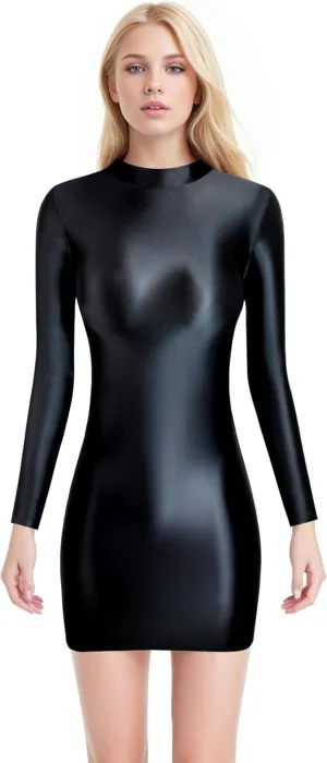 Oil Glossy Hip Dress Elastic Slip Glossy Tight Skirt high Neck Long Sleeve Long Skirt Smooth Casual Sports Skirt