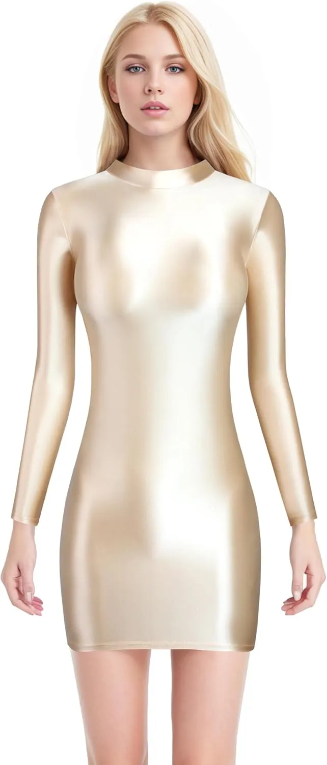 Oil Glossy Hip Dress Elastic Slip Glossy Tight Skirt high Neck Long Sleeve Long Skirt Smooth Casual Sports Skirt