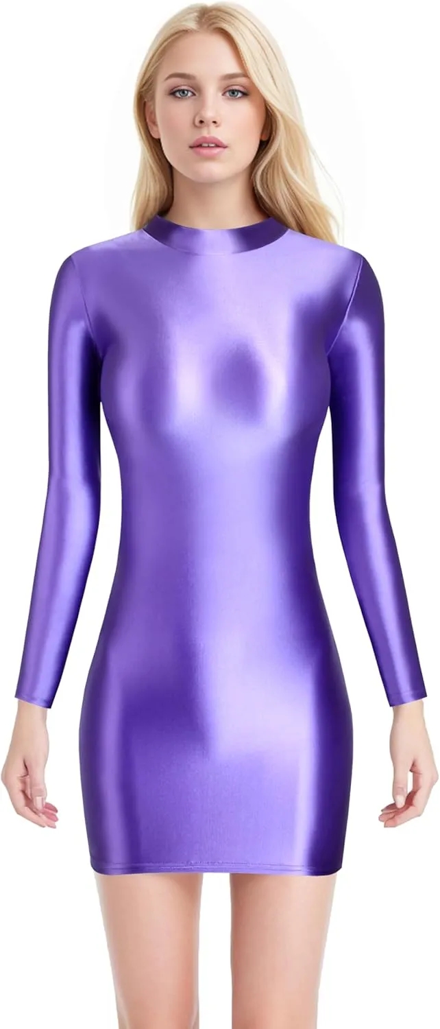 Oil Glossy Hip Dress Elastic Slip Glossy Tight Skirt high Neck Long Sleeve Long Skirt Smooth Casual Sports Skirt