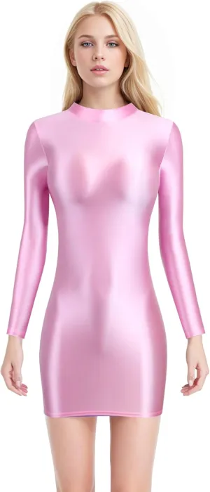 Oil Glossy Hip Dress Elastic Slip Glossy Tight Skirt high Neck Long Sleeve Long Skirt Smooth Casual Sports Skirt