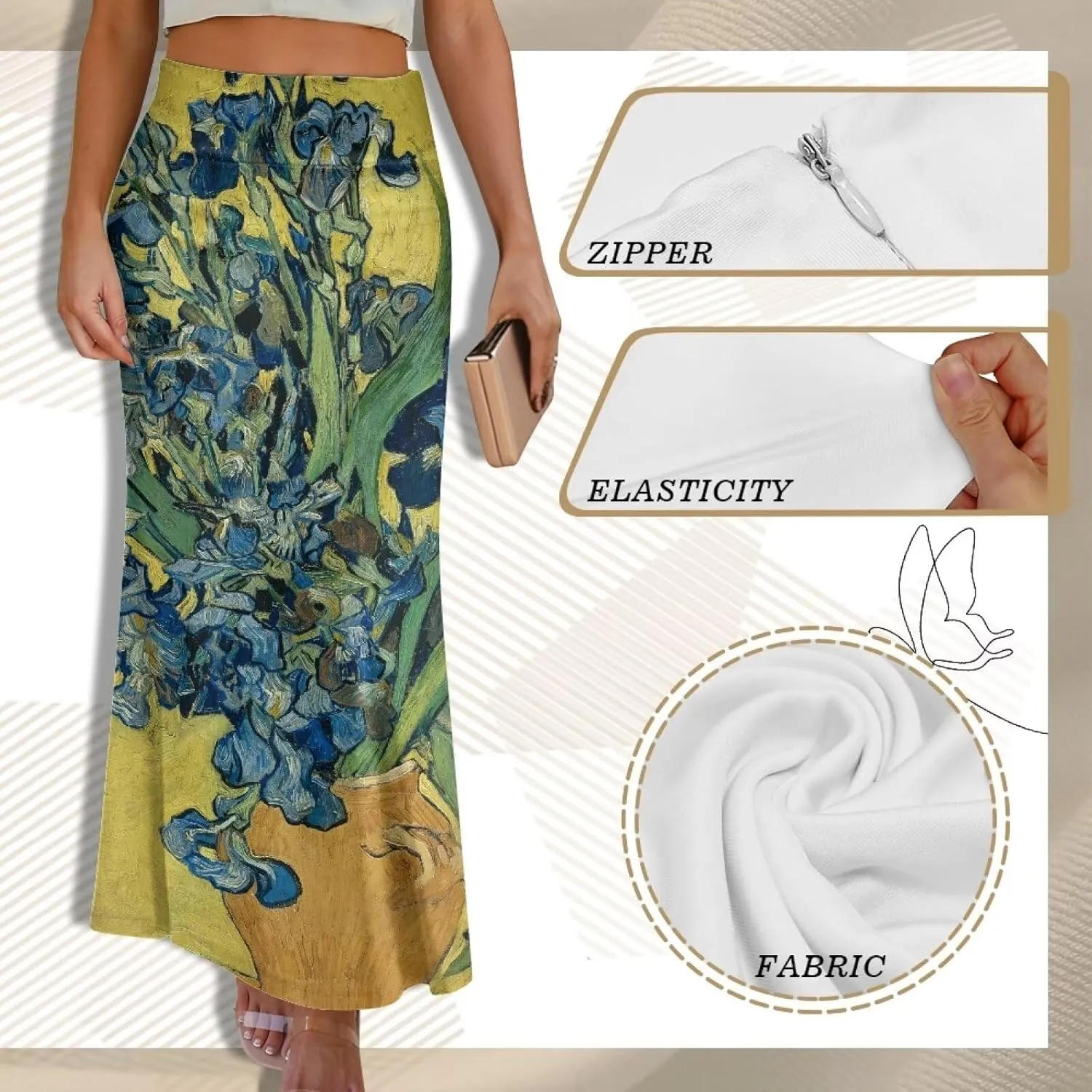 Oil Painting Printed Women's Party Long Flare Maxi Zipper Elegant Skirt High Waisted A-Link Long Maxi Skirt