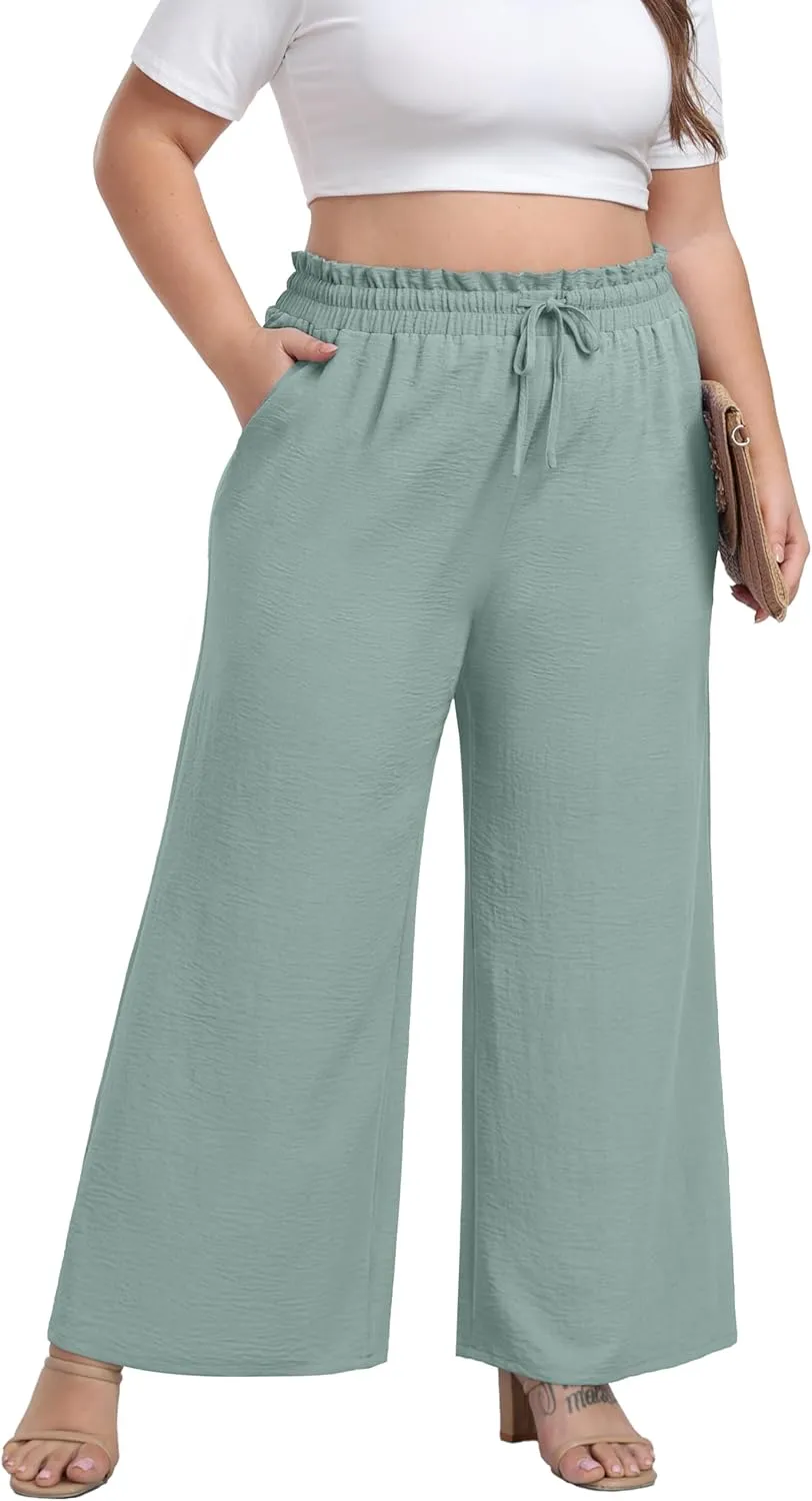 OLRIK Women's Plus Size Pants Self-Tie Belted High Waisted Wide Leg Pants Long Straight Palazzo Trousers with Pockets