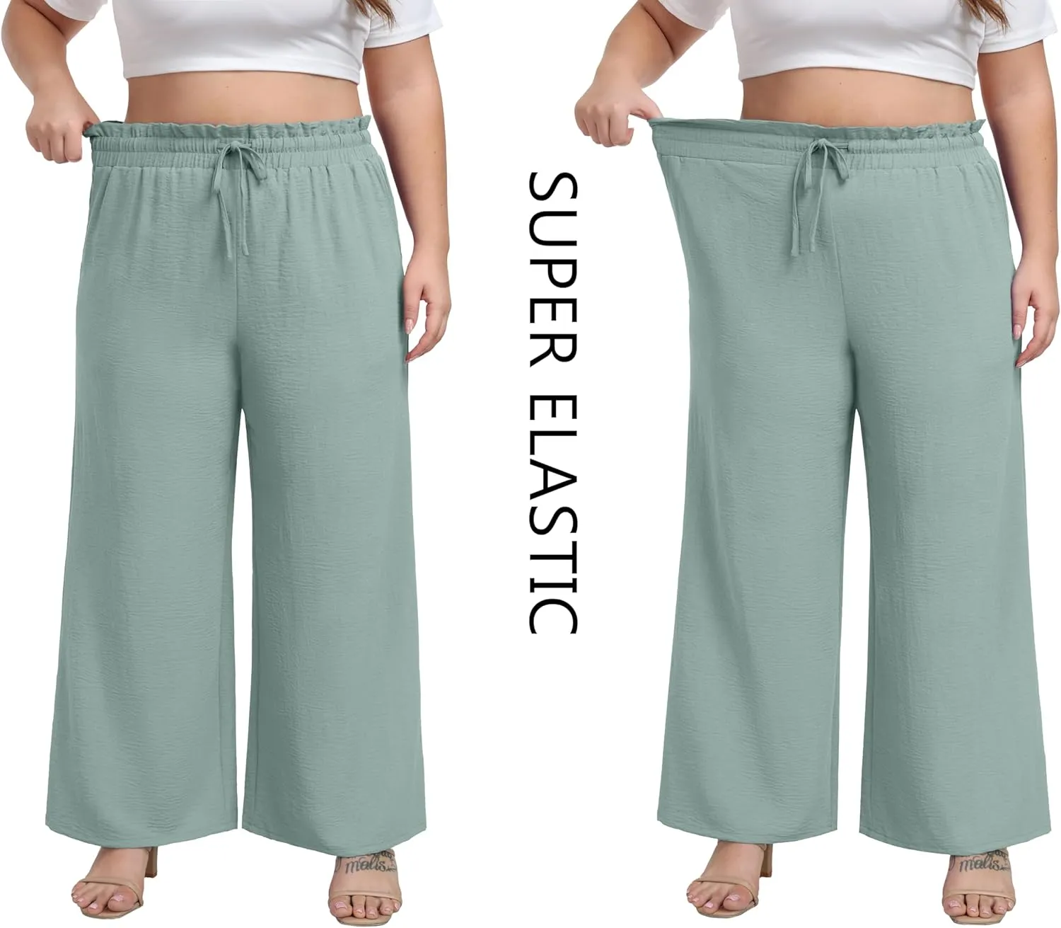 OLRIK Women's Plus Size Pants Self-Tie Belted High Waisted Wide Leg Pants Long Straight Palazzo Trousers with Pockets
