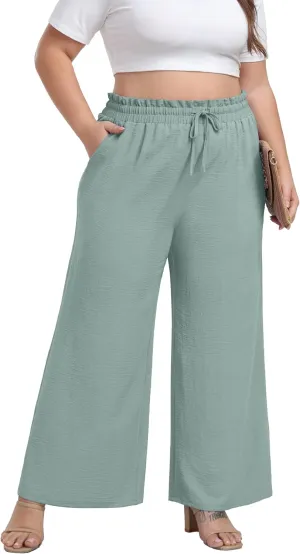 OLRIK Women's Plus Size Pants Self-Tie Belted High Waisted Wide Leg Pants Long Straight Palazzo Trousers with Pockets