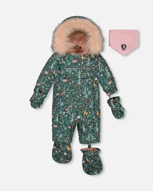 One Piece Baby Snowsuit Sage Printed Woodland Animals Designed For Car Seat