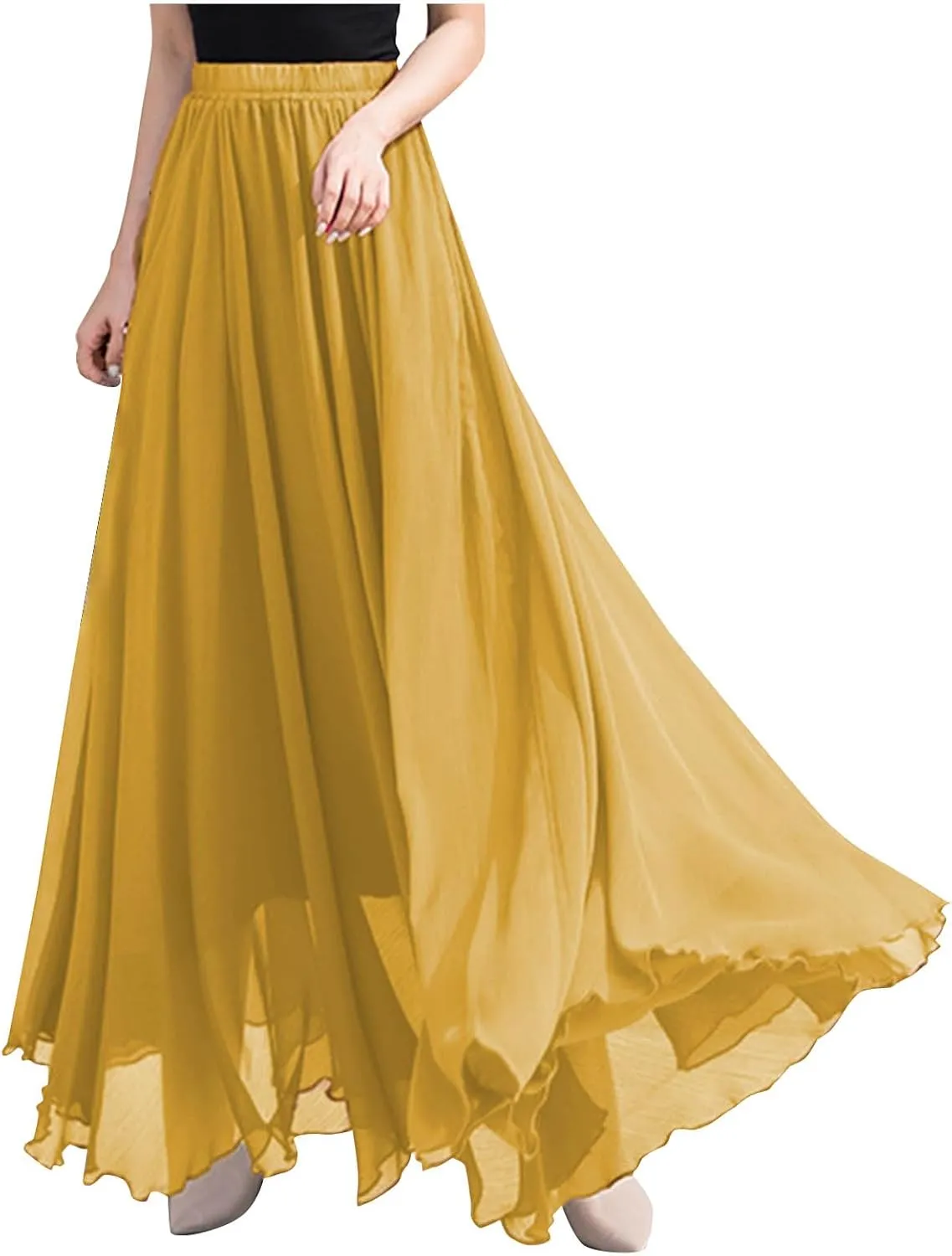 Oplxuo Women's Elastic Waist Chiffon Flowy Maxi Skirt Full Length A-Line Beach Long Skirts
