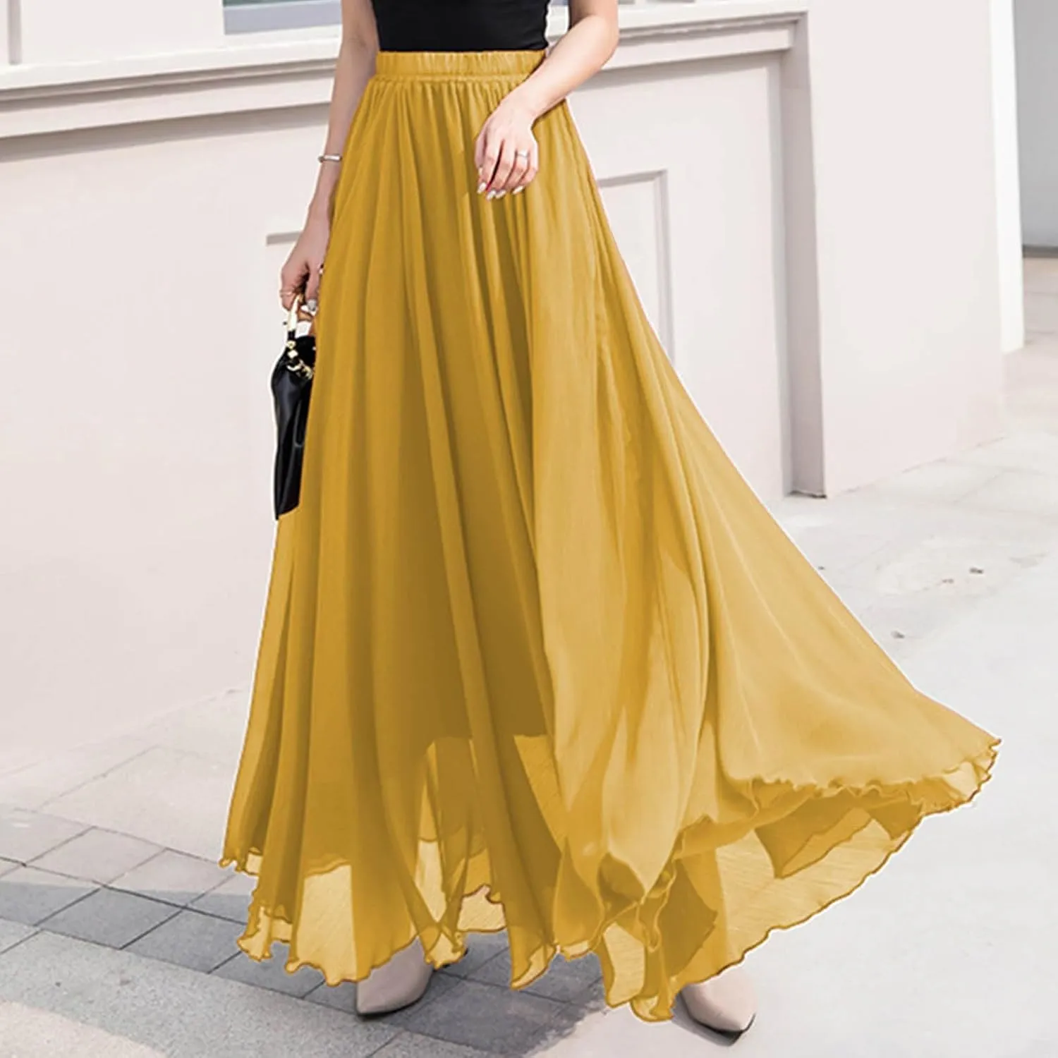 Oplxuo Women's Elastic Waist Chiffon Flowy Maxi Skirt Full Length A-Line Beach Long Skirts