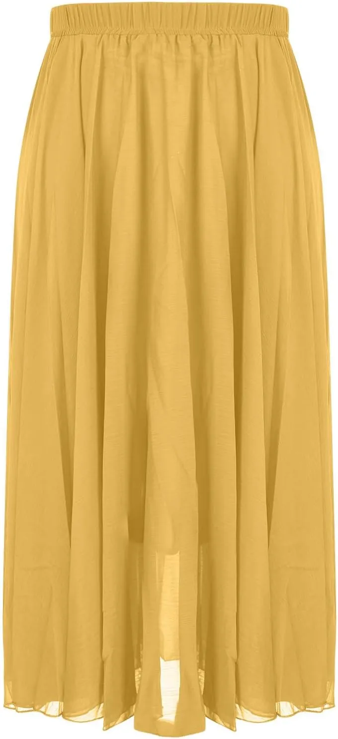 Oplxuo Women's Elastic Waist Chiffon Flowy Maxi Skirt Full Length A-Line Beach Long Skirts