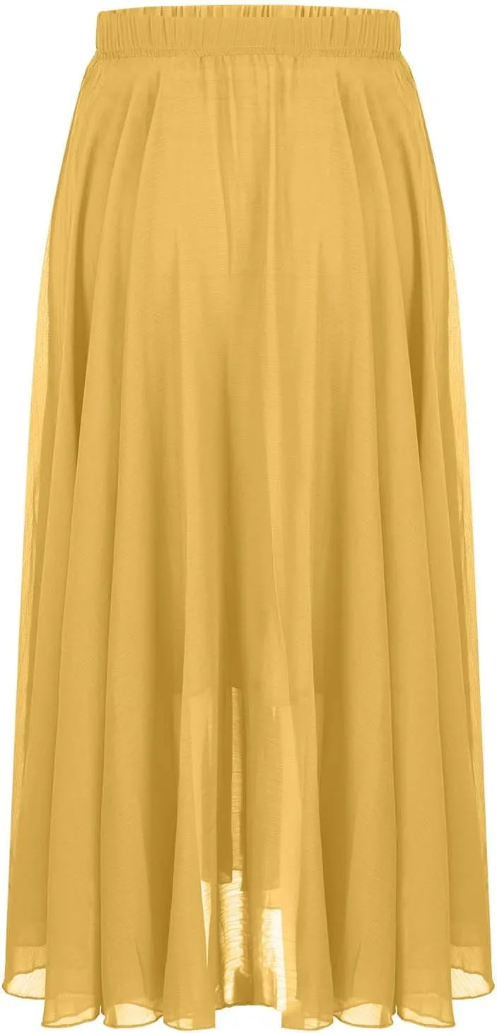 Oplxuo Women's Elastic Waist Chiffon Flowy Maxi Skirt Full Length A-Line Beach Long Skirts