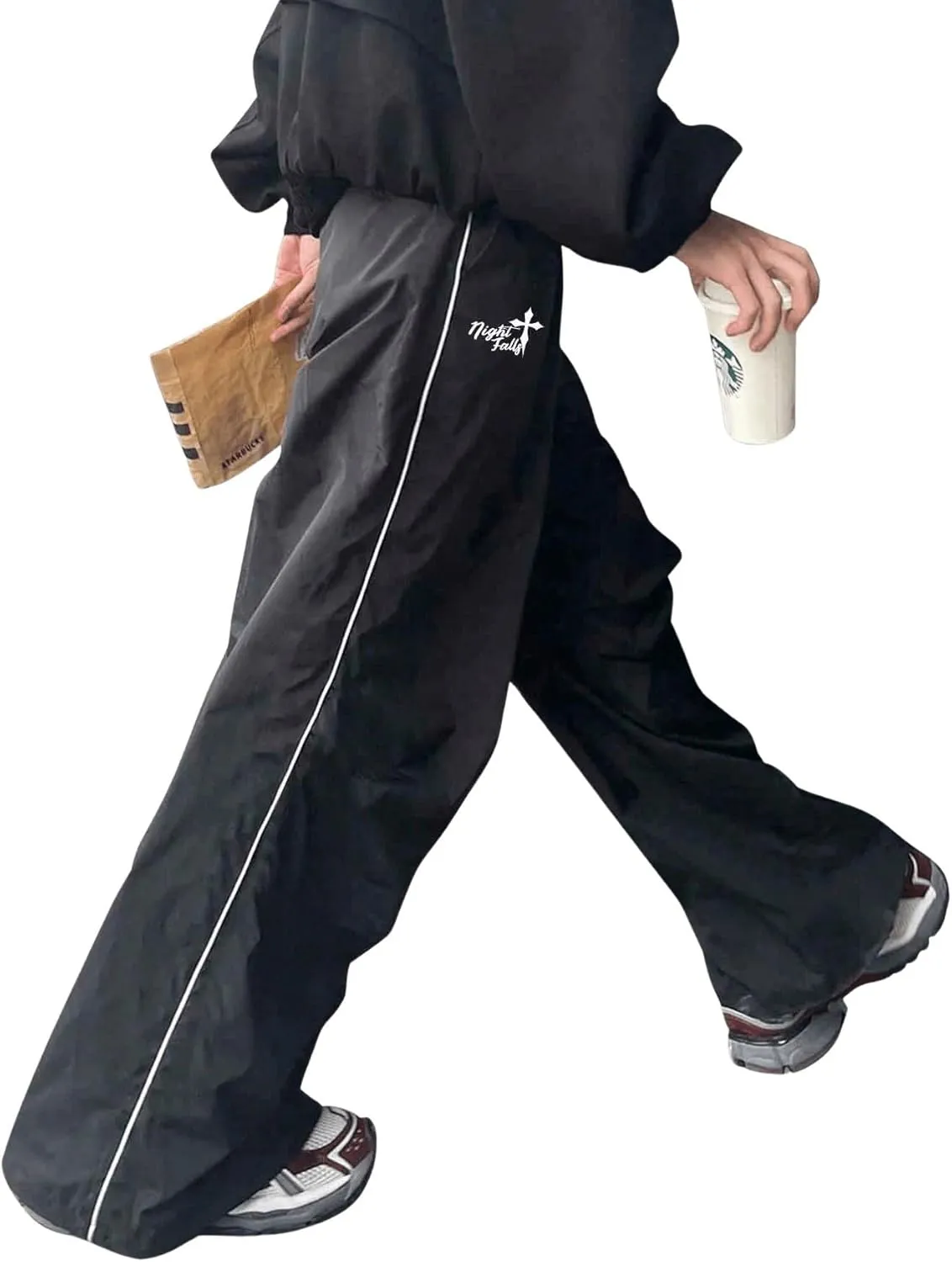OYOANGLE Men's Loose Fit Baggy Pants Letter Graphic Drawstring Waisted Streetwear Wide Leg Pants