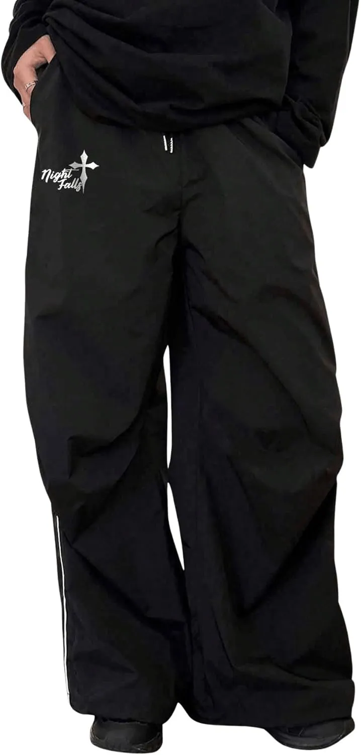 OYOANGLE Men's Loose Fit Baggy Pants Letter Graphic Drawstring Waisted Streetwear Wide Leg Pants