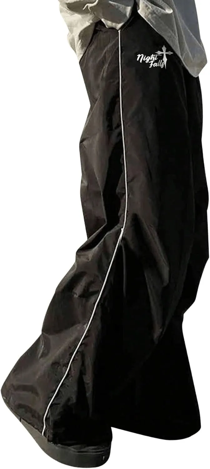 OYOANGLE Men's Loose Fit Baggy Pants Letter Graphic Drawstring Waisted Streetwear Wide Leg Pants