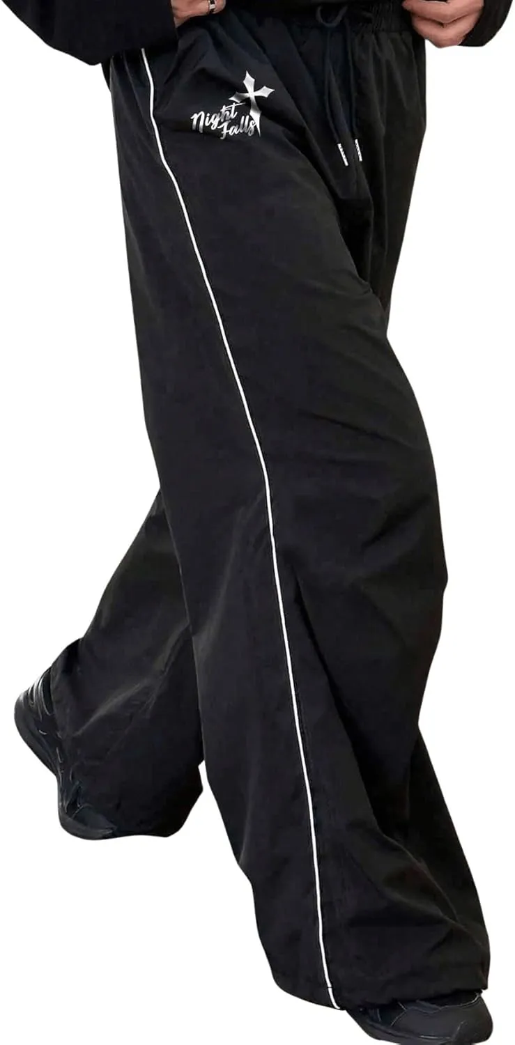 OYOANGLE Men's Loose Fit Baggy Pants Letter Graphic Drawstring Waisted Streetwear Wide Leg Pants