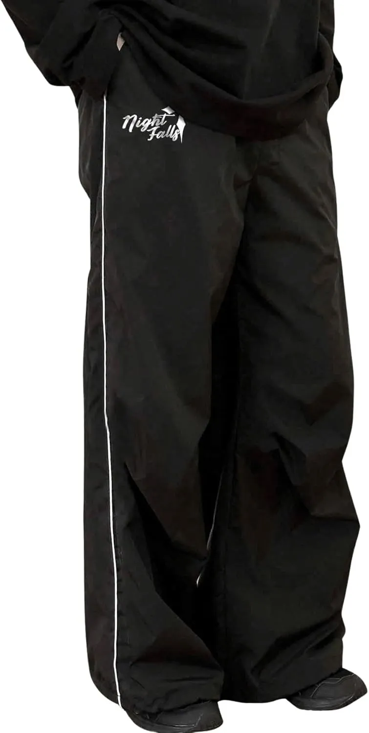 OYOANGLE Men's Loose Fit Baggy Pants Letter Graphic Drawstring Waisted Streetwear Wide Leg Pants