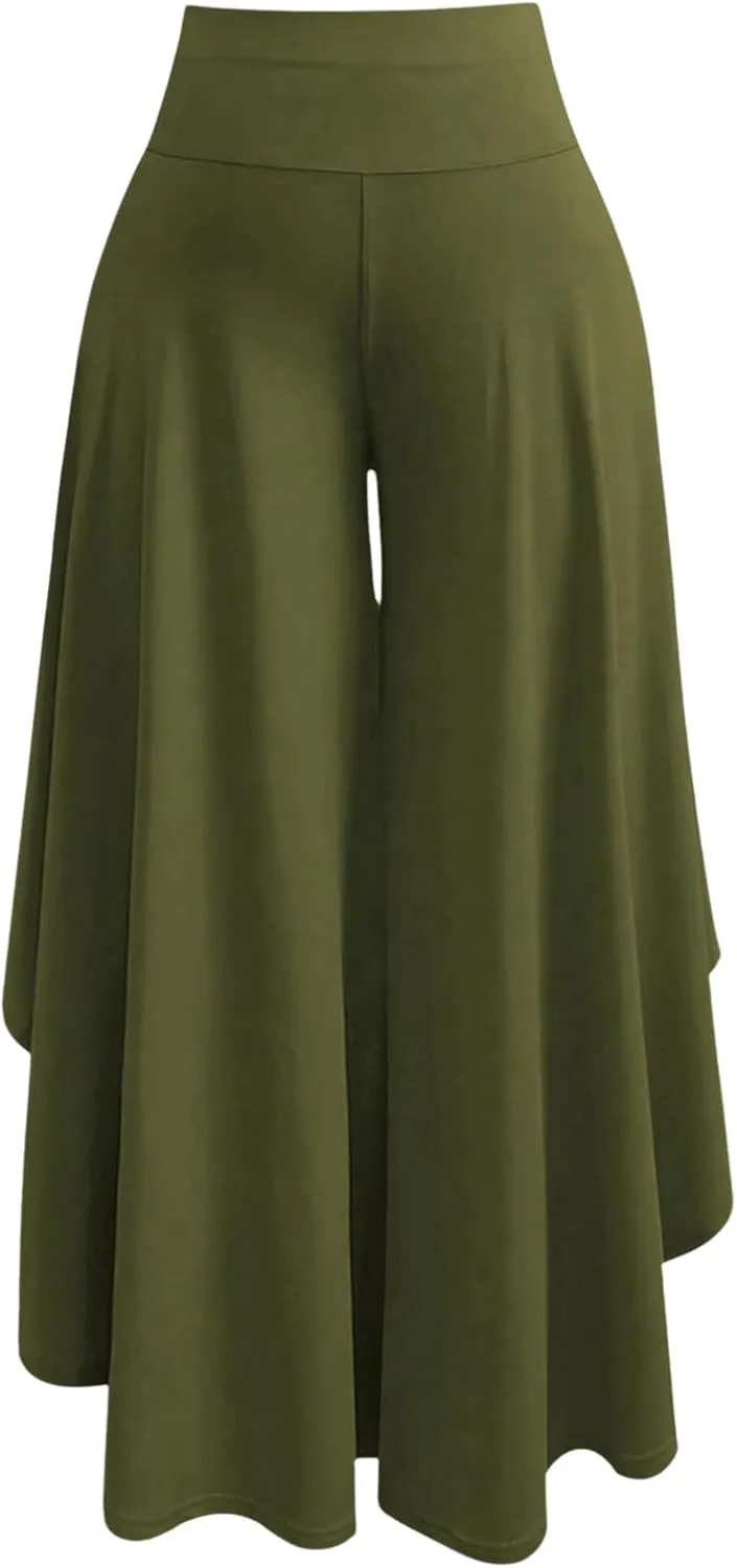 OYOANGLE Women's Plus Size High Waisted Asymmetrical Ruffle Hem Wide Leg Pants Flowy Palazzo Pants