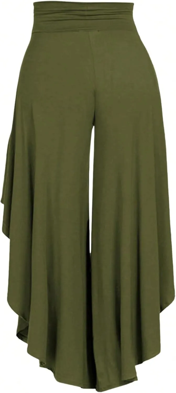 OYOANGLE Women's Plus Size High Waisted Asymmetrical Ruffle Hem Wide Leg Pants Flowy Palazzo Pants