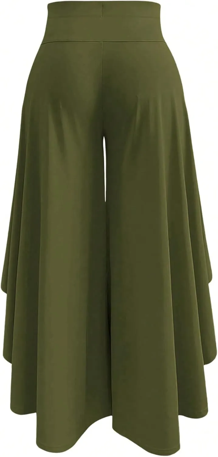 OYOANGLE Women's Plus Size High Waisted Asymmetrical Ruffle Hem Wide Leg Pants Flowy Palazzo Pants