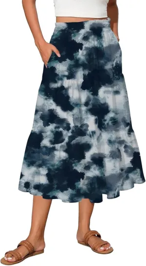 Palaver Boho Midi Skirts for Women Summer Boho Smocked High Waisted Skirt Vacation A-Line Long Flowy Skirts with Pockets