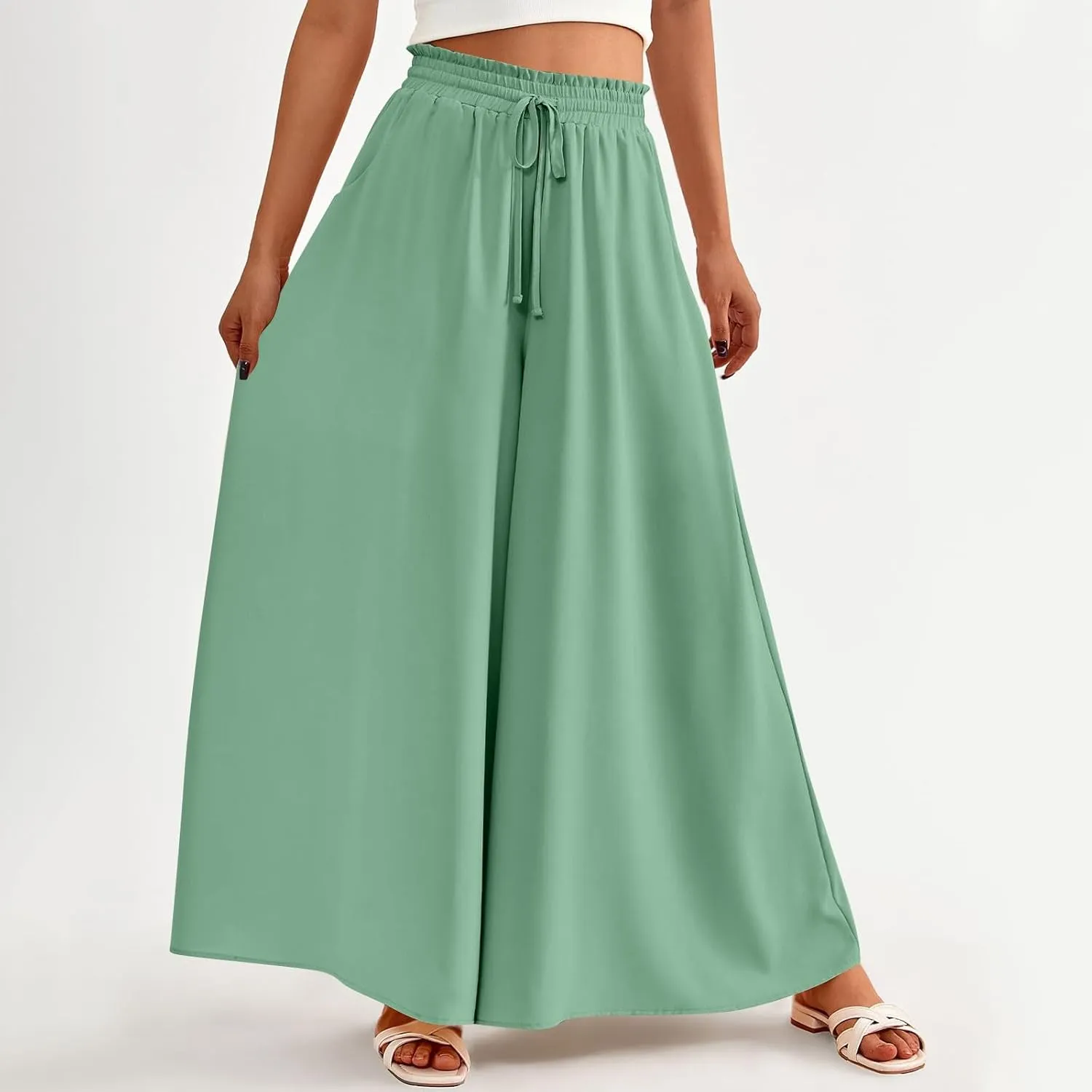 Palazzo Pants for Women High Waisted Flowy Wide Leg Pants Summer Trendy Casual Loose Boho Beach Trousers with Pockets