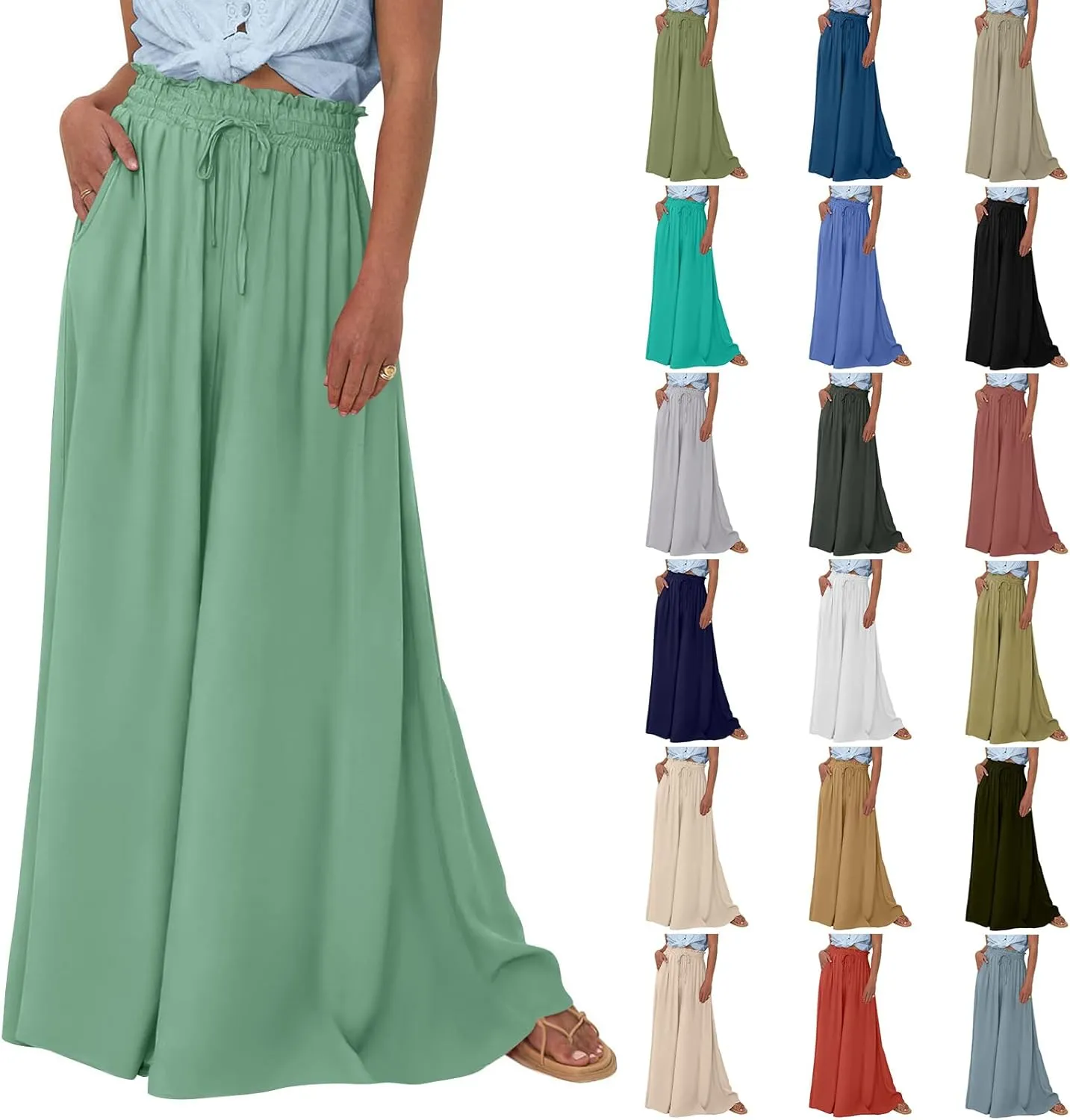 Palazzo Pants for Women High Waisted Flowy Wide Leg Pants Summer Trendy Casual Loose Boho Beach Trousers with Pockets