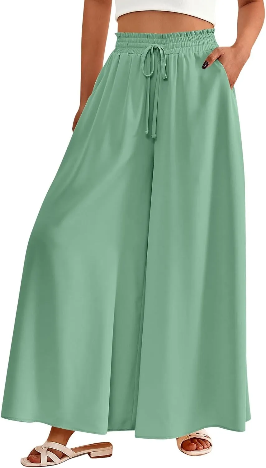 Palazzo Pants for Women High Waisted Flowy Wide Leg Pants Summer Trendy Casual Loose Boho Beach Trousers with Pockets