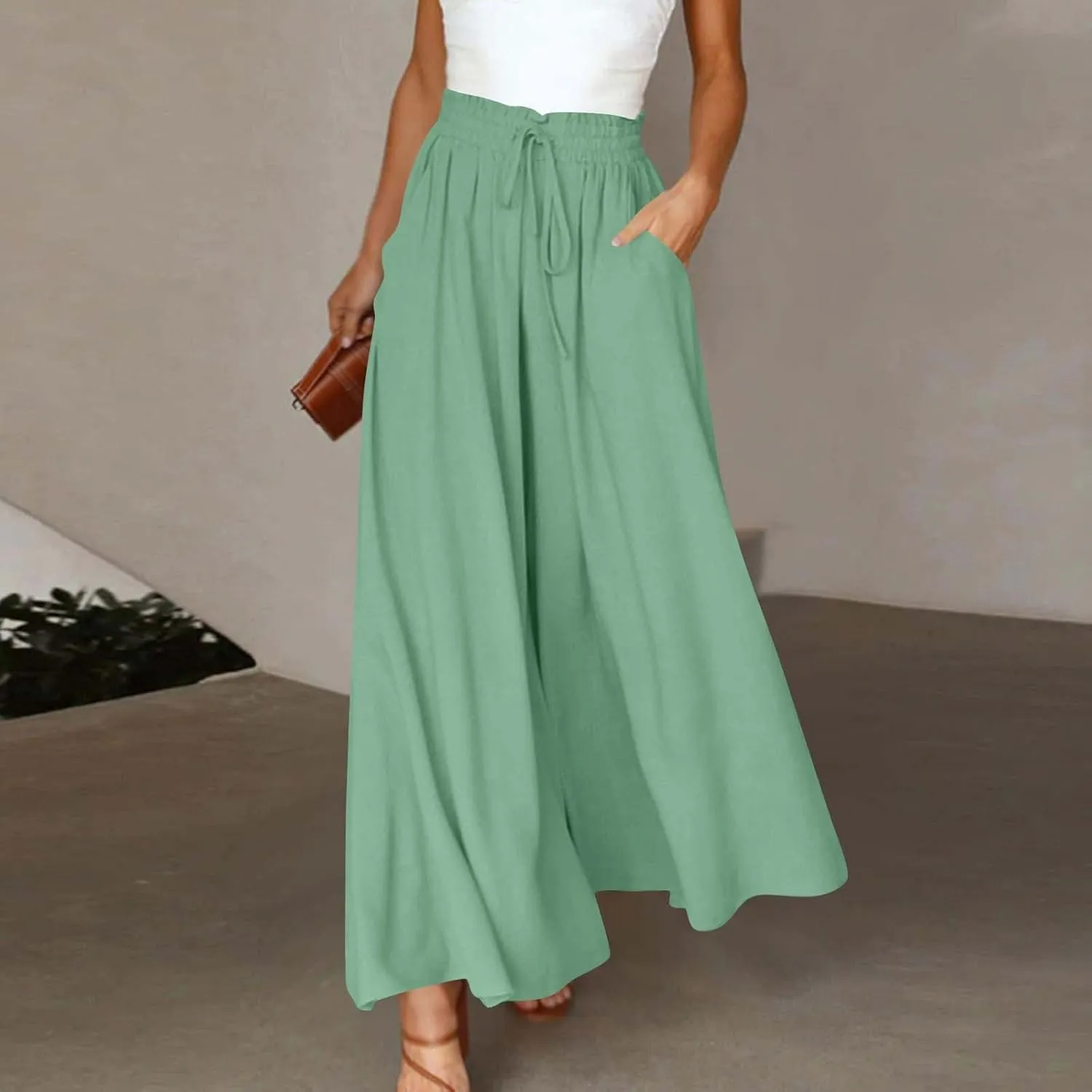 Palooza Wide Leg Pants Women Elastic Waisted Chiffon Baggy Flowy Long Lounge Trousers Beach Vacation Pant with Pockets