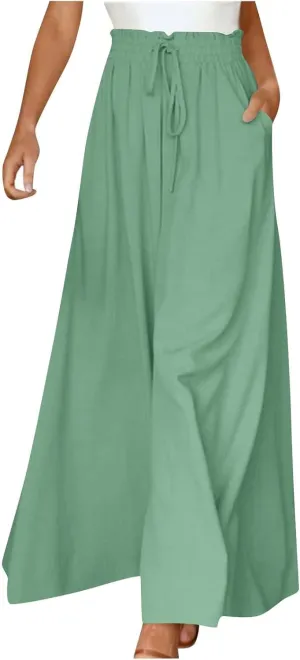Palooza Wide Leg Pants Women Elastic Waisted Chiffon Baggy Flowy Long Lounge Trousers Beach Vacation Pant with Pockets
