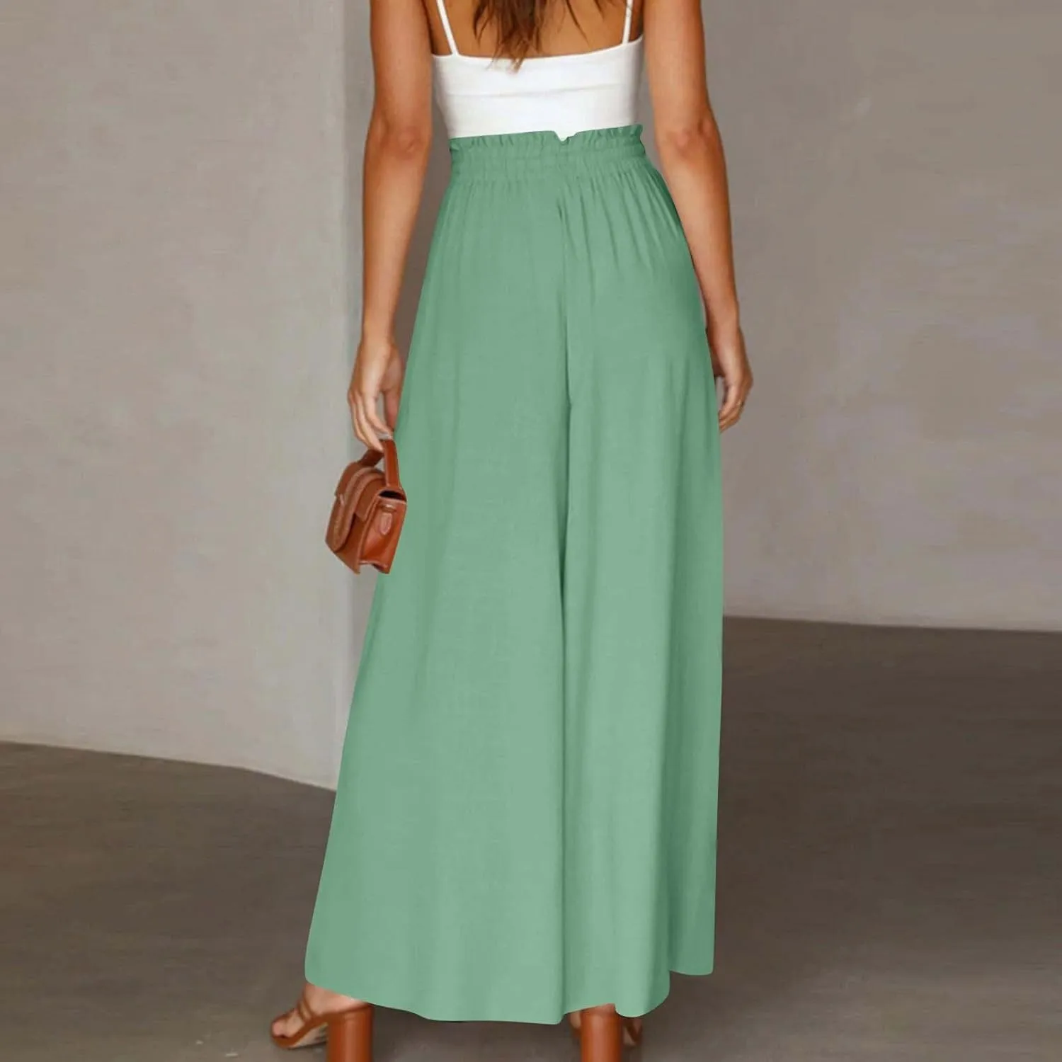 Palooza Wide Leg Pants Women Elastic Waisted Chiffon Baggy Flowy Long Lounge Trousers Beach Vacation Pant with Pockets