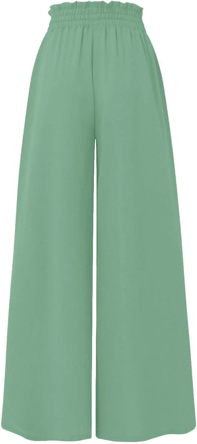 Palooza Wide Leg Pants Women Elastic Waisted Chiffon Baggy Flowy Long Lounge Trousers Beach Vacation Pant with Pockets