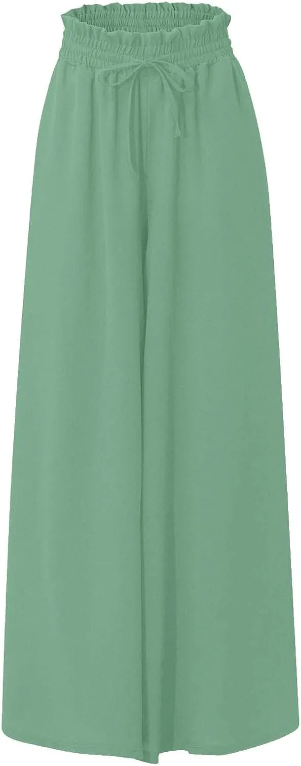 Palooza Wide Leg Pants Women Elastic Waisted Chiffon Baggy Flowy Long Lounge Trousers Beach Vacation Pant with Pockets