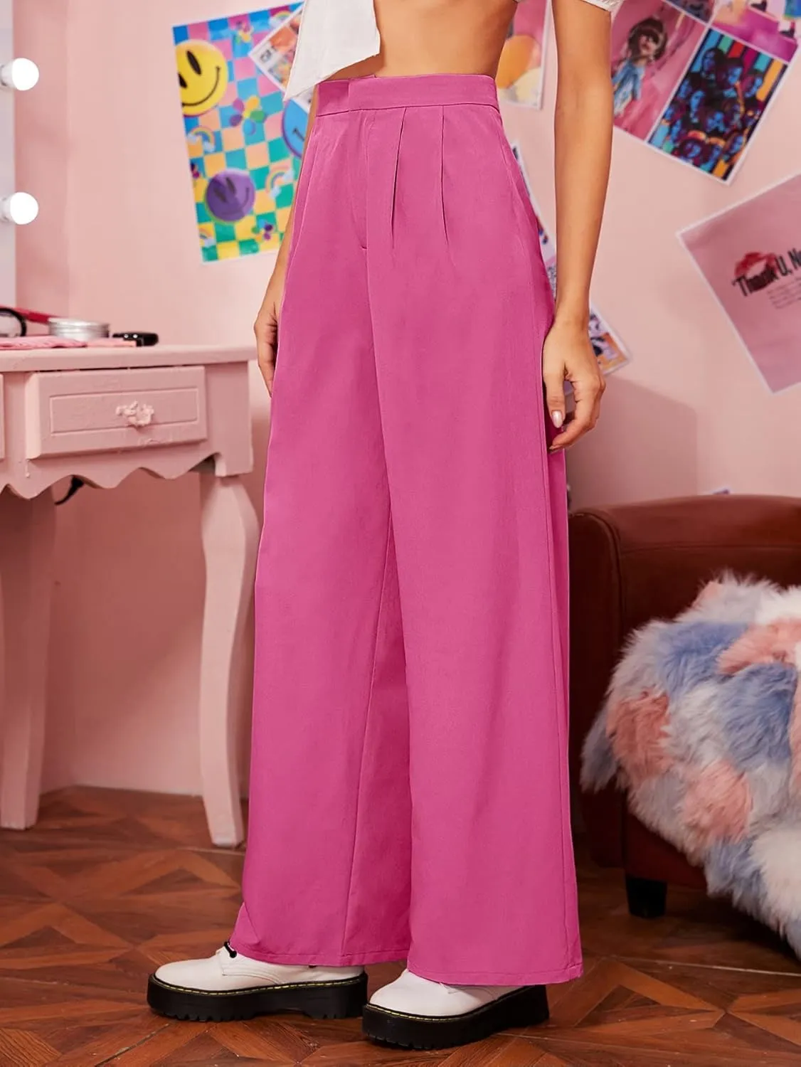 Pants for Women - Zipper Fly Fold Pleated Palazzo Pants (Color : Hot Pink, Size : X-Large)
