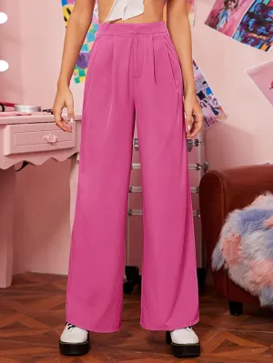 Pants for Women - Zipper Fly Fold Pleated Palazzo Pants (Color : Hot Pink, Size : X-Large)