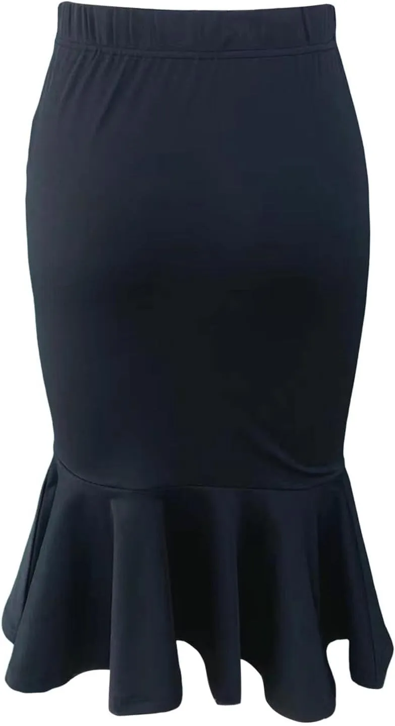 Pencil Skirt for Women Stretchy High Waist Office Work Bodycon Fishtail Skirts with Ruffle Hem Midi Length