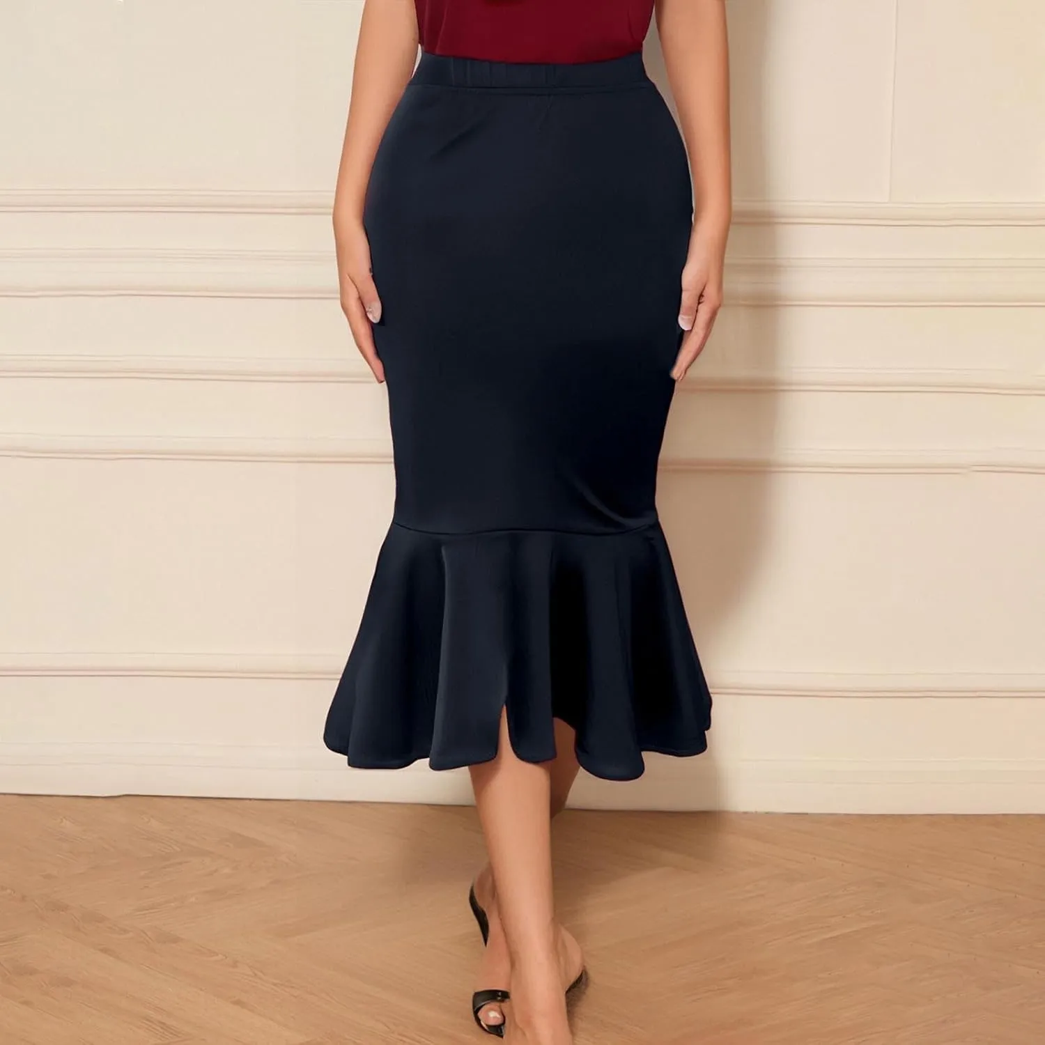 Pencil Skirt for Women Stretchy High Waist Office Work Bodycon Fishtail Skirts with Ruffle Hem Midi Length