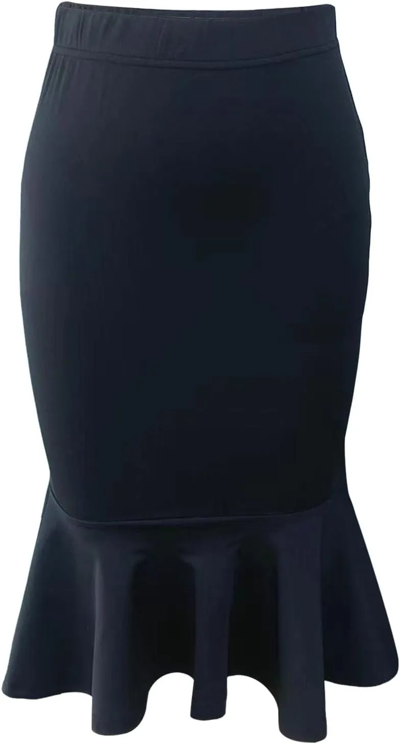 Pencil Skirt for Women Stretchy High Waist Office Work Bodycon Fishtail Skirts with Ruffle Hem Midi Length
